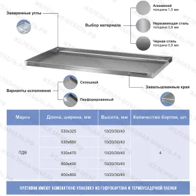 противень для выпекания пдв - 600х400х20, нерж. сталь, сплошной, 4 борта